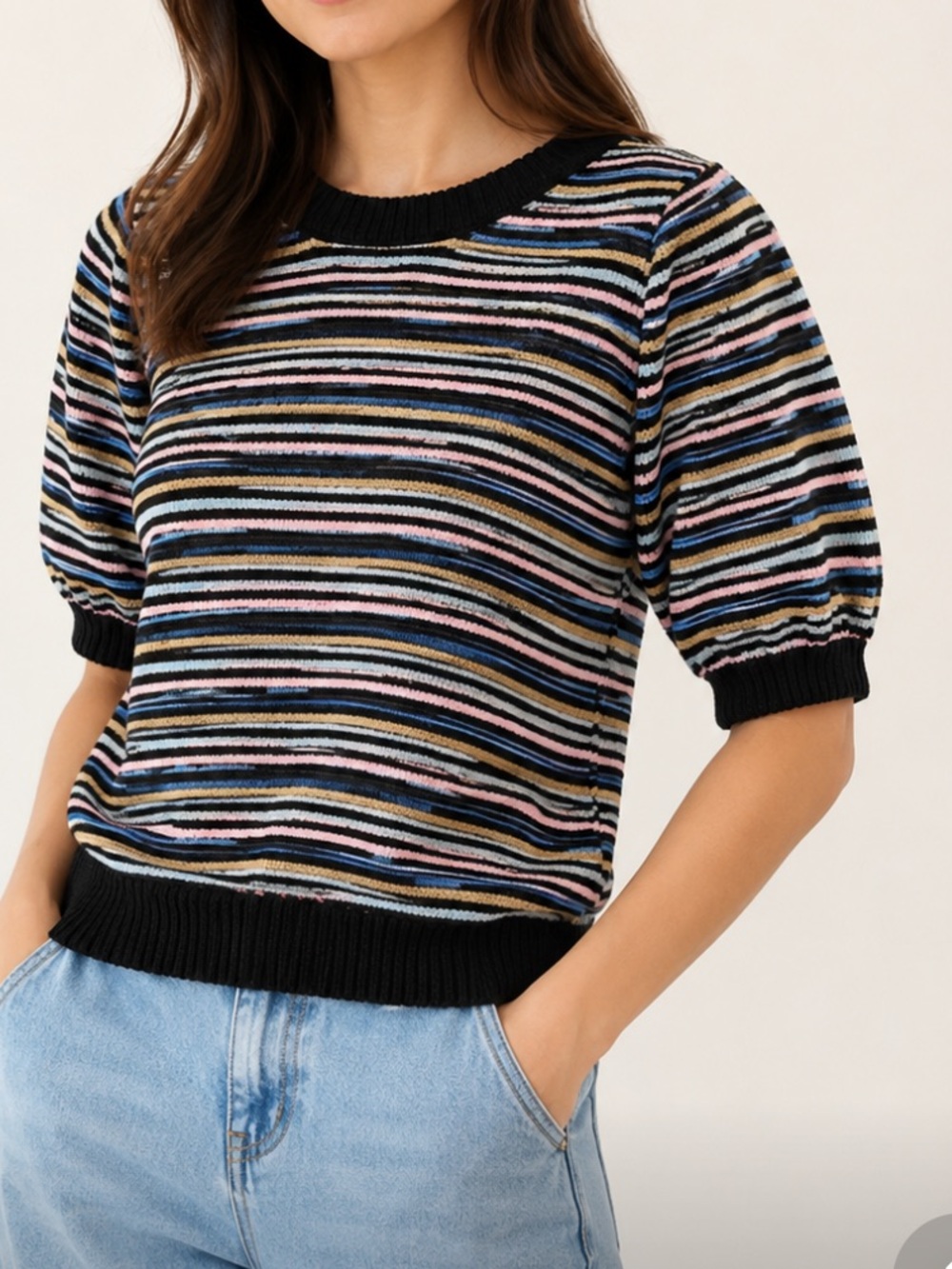 Saltwater luxe adara multicolor striped ribbed short puff sleeve top sz L